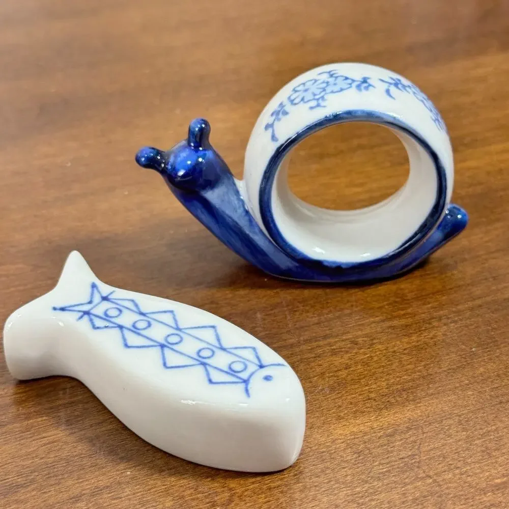 Snail Napkin Rings and Fish Knife Rests Set of 6 each Blue White New in Box
